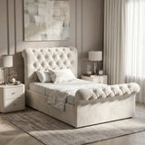 [Single | Beige] Chesterfield bed in styled room with tufted headboard, footboard, side table and lamp with wooden floor