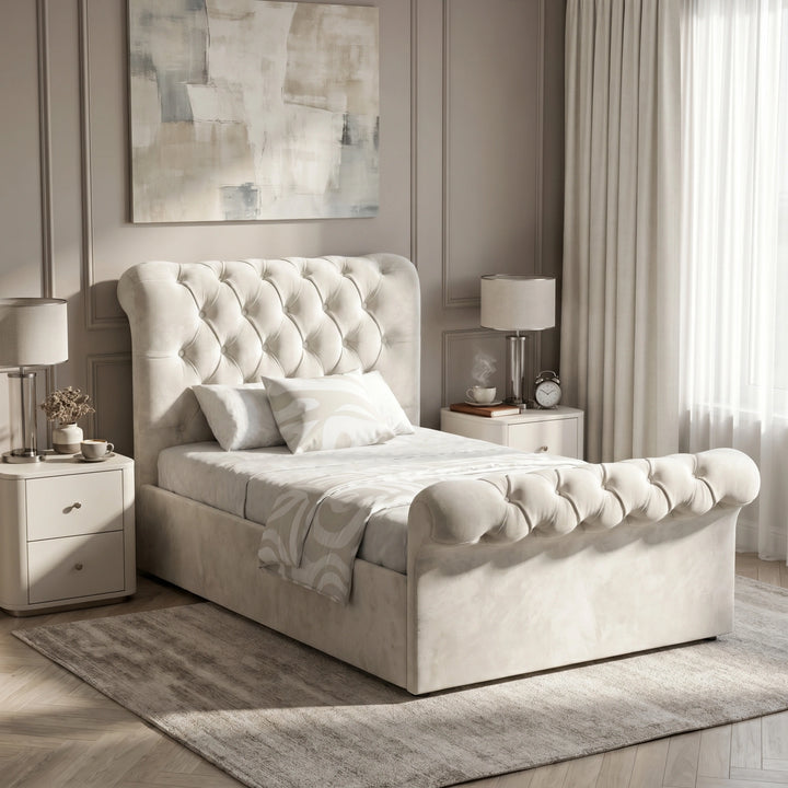 [Single | Beige] Chesterfield bed in styled room with tufted headboard, footboard, side table and lamp with wooden floor