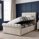 [Single | Beige] Side-lift storage view showing raised mattress base, black frame, gas struts, and folded bedding
