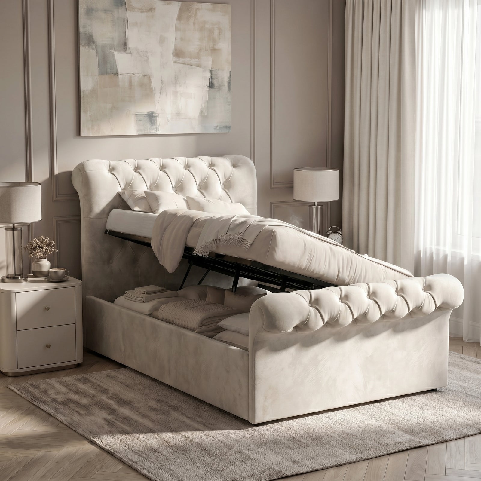 [Single | Beige] Chesterfield bed with ottoman storage open, showing gas struts, bedding, footboard, and side tables.