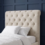 [Single | Beige] Close-up of tall tufted headboard with button detail, curved edges, pillows, and panelled wall