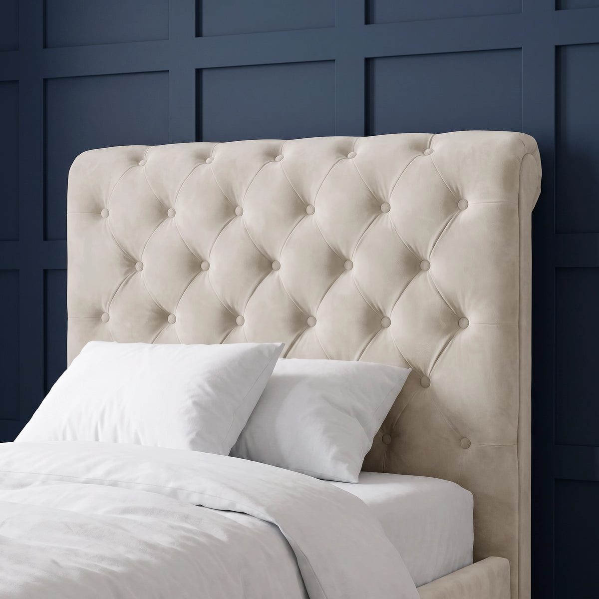 [Single | Beige] Close-up of tall tufted headboard with button detail, curved edges, pillows, and panelled wall