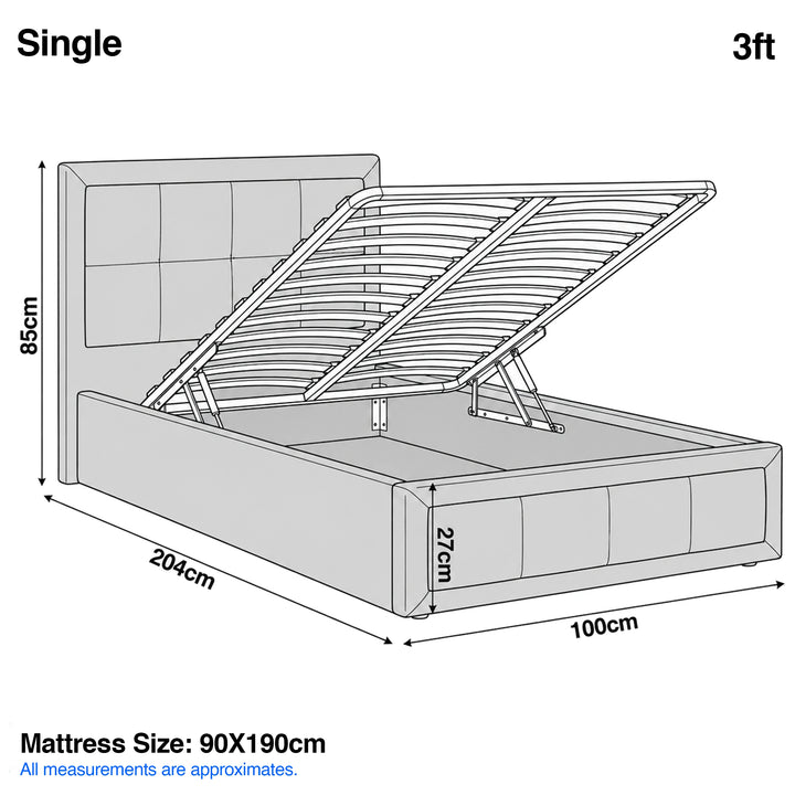 [Single | Beige] Single 3ft diagram: mattress 90x190cm, frame 100x204cm, headboard 85cm, storage 27cm deep