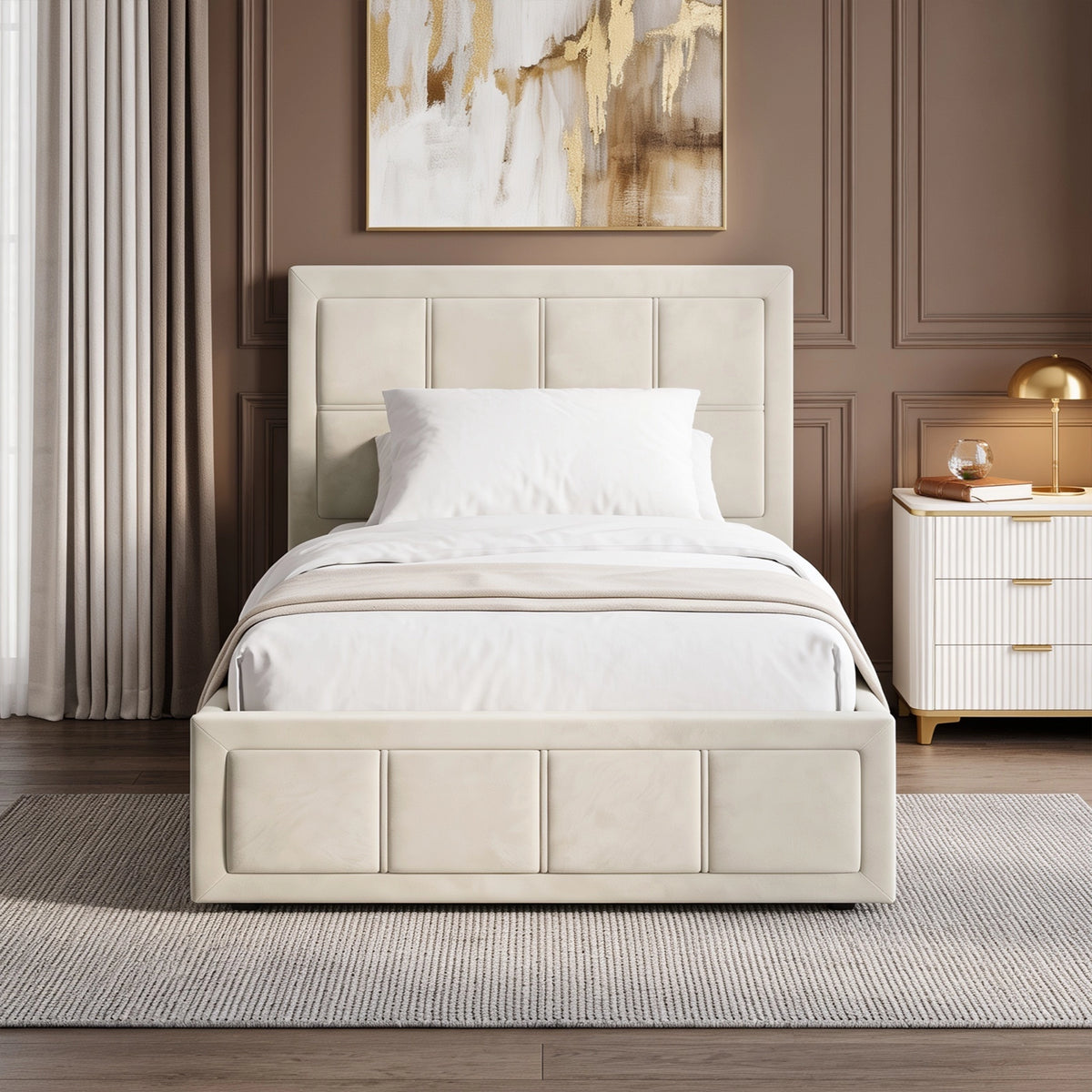 [Single | Beige] Velvet end lift ottoman bed shot head-on, dressed in white sheets with throw runner across mattress