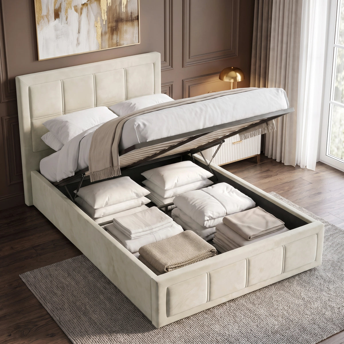 [Single | Beige] Hydraulic lift mechanism raised to reveal spacious under-bed storage on the Single Beige Velvet Ottoman Storage Bed Fram