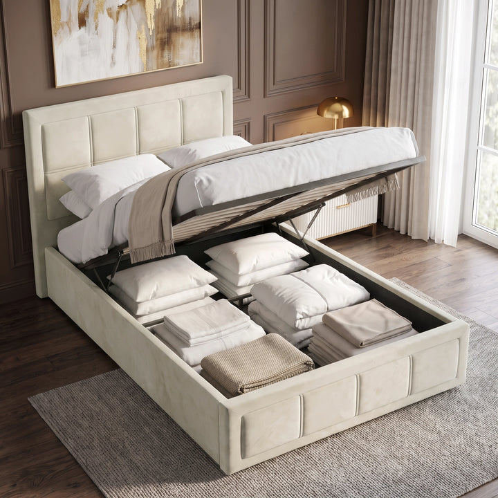 [Single | Beige] Hydraulic lift mechanism raised to reveal spacious under-bed storage on the Single Beige Velvet Ottoman Storage Bed Fram