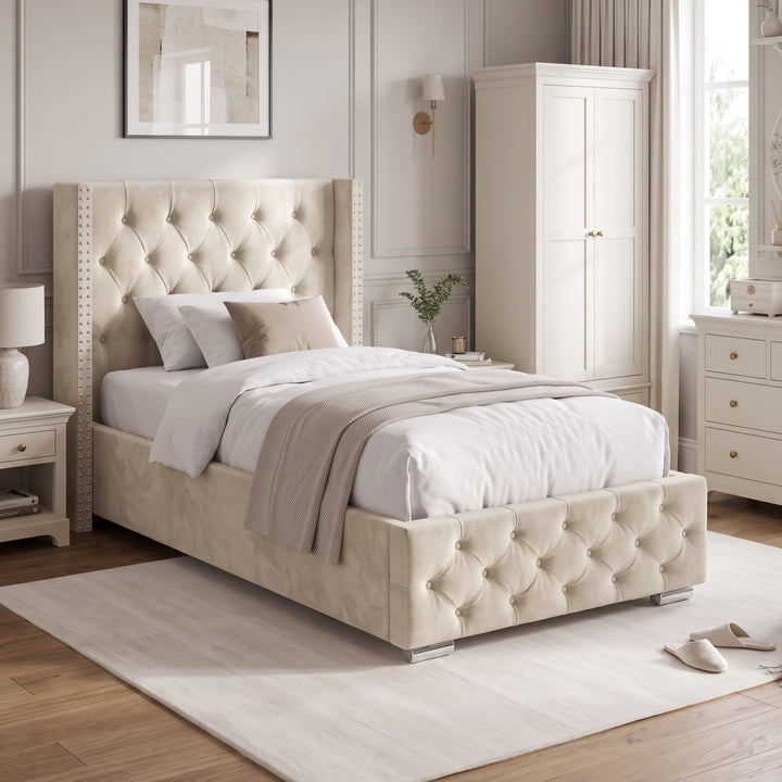 [Single | Beige] Single Beige Velvet Ottoman Storage Bed with Tufted Winged Headboard.