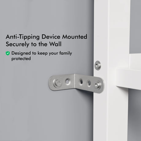 Close up of metal anti tipping mechanism attached to a wall and a single bunk bed frame