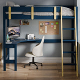 Front view of single bunk bed a built-in desk underneath, placed against a wall.