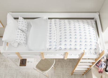 Overhead view of a high sleeper bunk bed with white bedding, pillows, and a ladder.