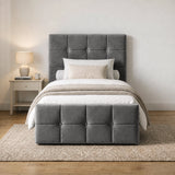 [Single | Dark Grey] Straight front bedroom view with square panel headboard, padded footboard, knitted throw, lamp, and rug