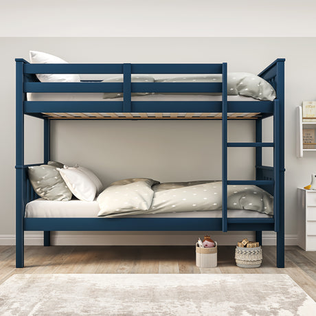 Front view of blue double bed bunk bed frame with sturdy build and clean wooden finish
