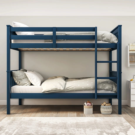 [Blue] Front view of double bed bunk bed frame with sturdy build and clean wooden finish