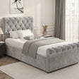 Single grey chesterfield ottoman bed with padded diamond tufted headboard and upholstered base