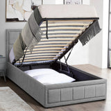 Single grey ottoman bed with lift-up storage and concealed bedding space.