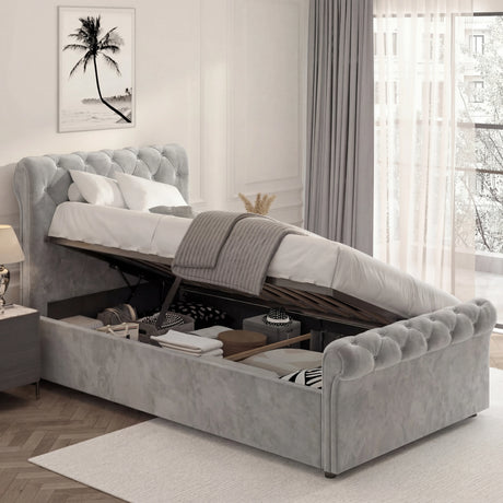 3ft grey side lift ottoman bed with raised mattress revealing internal underbed storage space