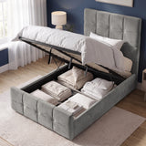 [Single | Grey] Ottoman storage view with raised mattress base, black lift frame, slats, bedding, pillows, and sheer curtains