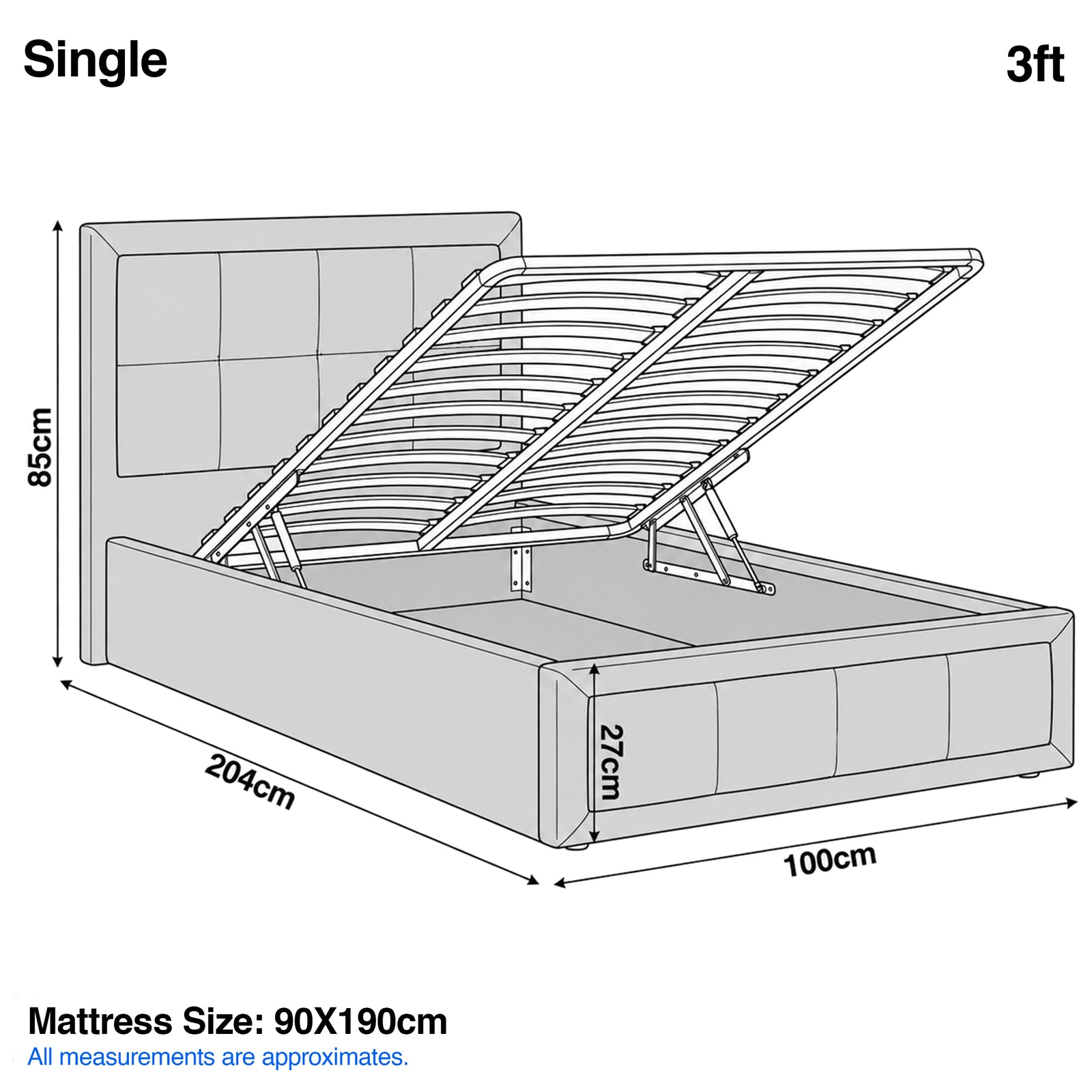 [Single | Grey] Single 3ft diagram: mattress 90x190cm, frame 100x204cm, headboard 85cm, storage 27cm deep