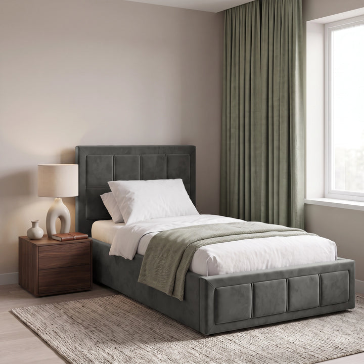 [Single | Grey] Velvet ottoman storage bed in bedroom with window light, throw runner draped across the mattress