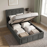 [Single | Grey] Velvet end lift ottoman bed open, exposing under-bed storage filled with pillows, sheets and throws