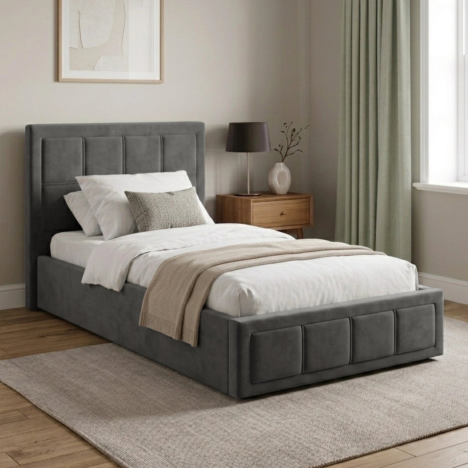 [Single | Grey] Velvet ottoman storage bed angled view with channel-panel headboard and decorative base squares