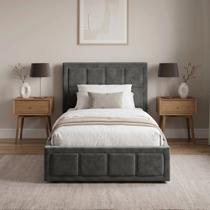 [Single | Grey] upholstered bed frame with a tufted headboard and matching footboard, styled in a minimalist bedroom with two wooden nightstands.