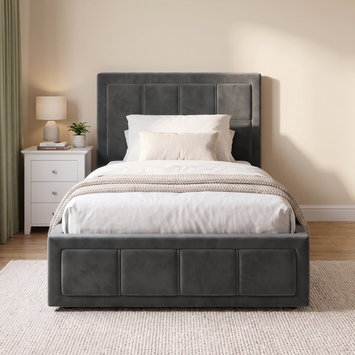 [Single | Grey] Front view of the Single Grey Velvet Ottoman Storage Bed Frame with stitched paneled headboard and footboard.