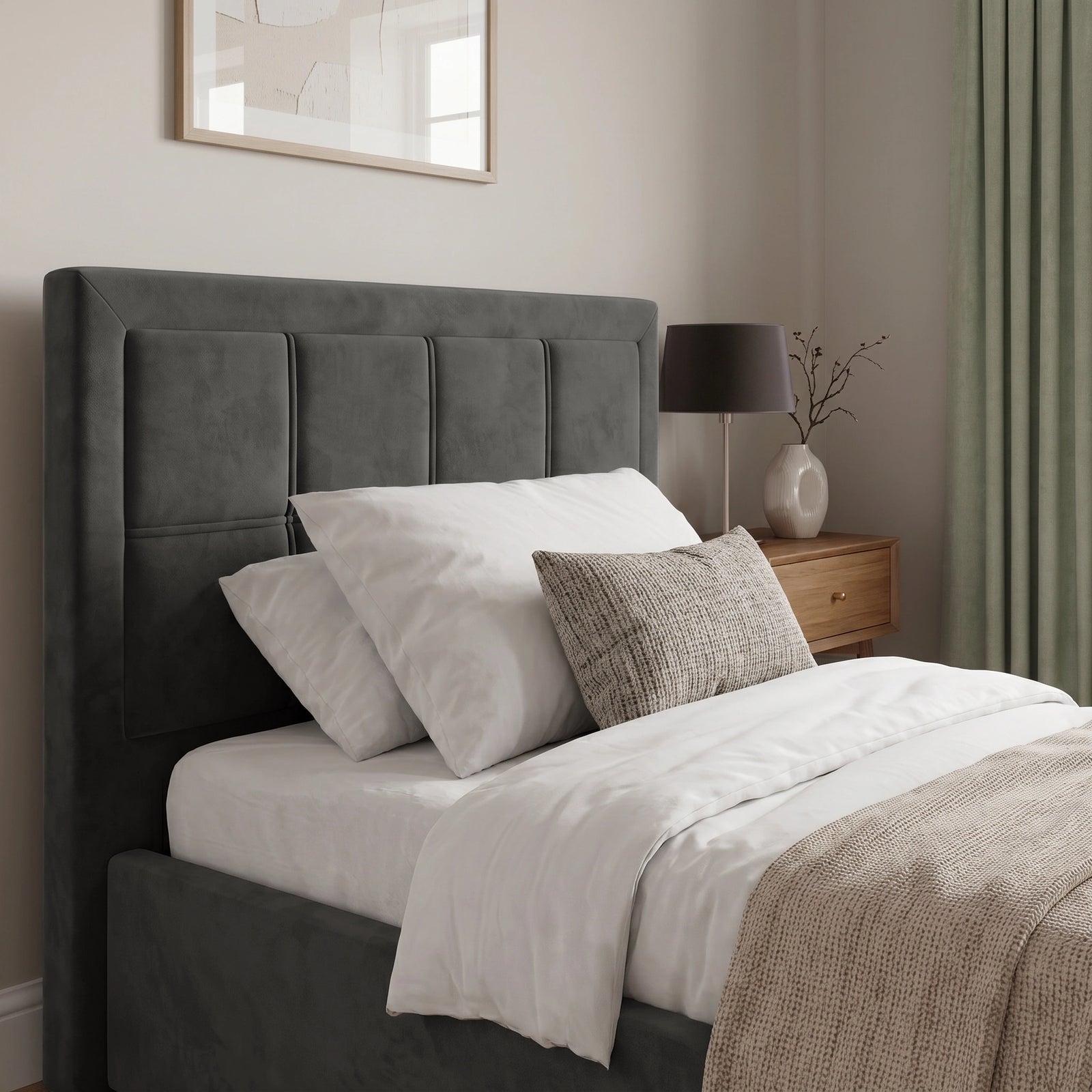 [Single | Grey] Velvet ottoman storage bed headboard detail with stitched panel sections and stacked pillows below