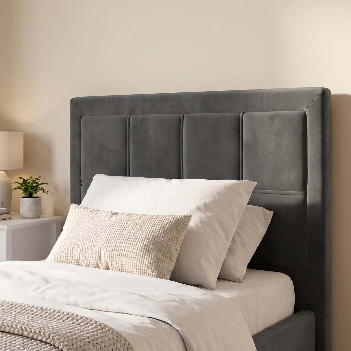 [Single | Grey] Close-up view of the stitched paneled dark grey velvet headboard on the Single Grey Velvet Ottoman Storage Bed Frame.