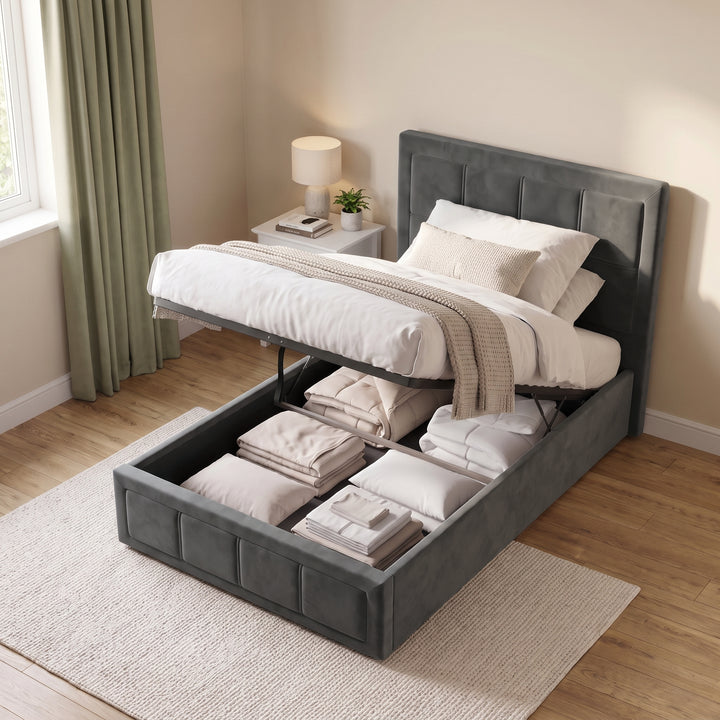 [Single | Grey] Side hydraulic lift mechanism raised to show under-bed storage space on the Single Grey Velvet Ottoman Storage Bed Frame.