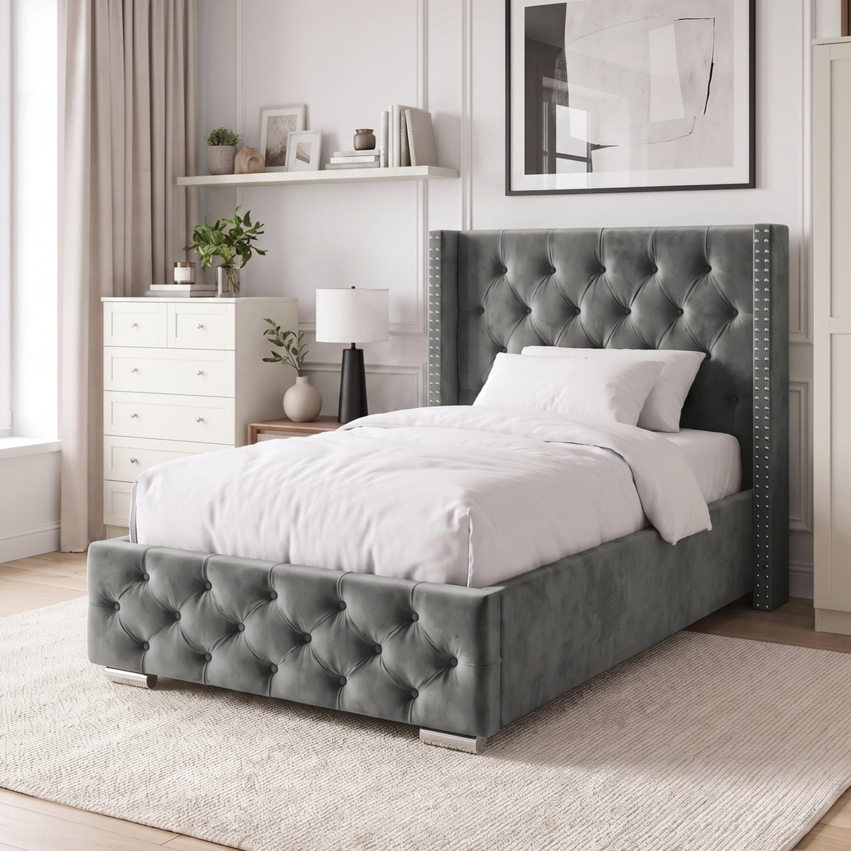 [Single | Grey] Single Grey Velvet Ottoman Storage Bed with Tufted Winged Headboard.