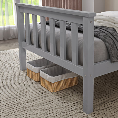 Single grey wooden bed frame, offering a sleek design and sturdy support for a modern bedroom.