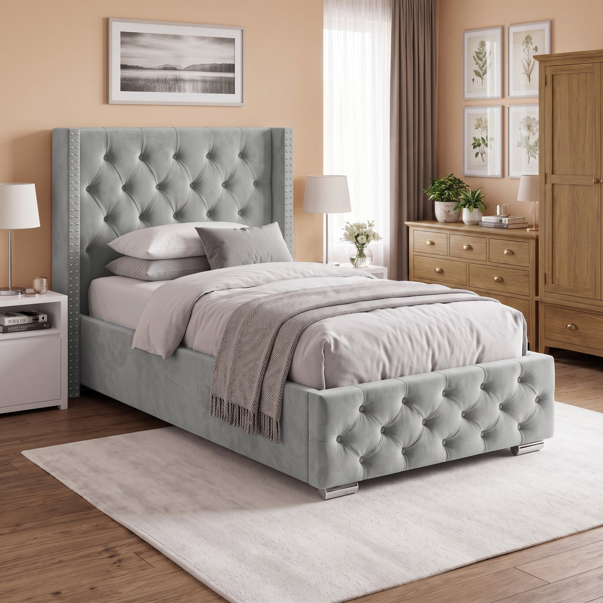 [Single | Light Grey] Single Light Grey Velvet Ottoman Bed with Tufted Winged Headboard.