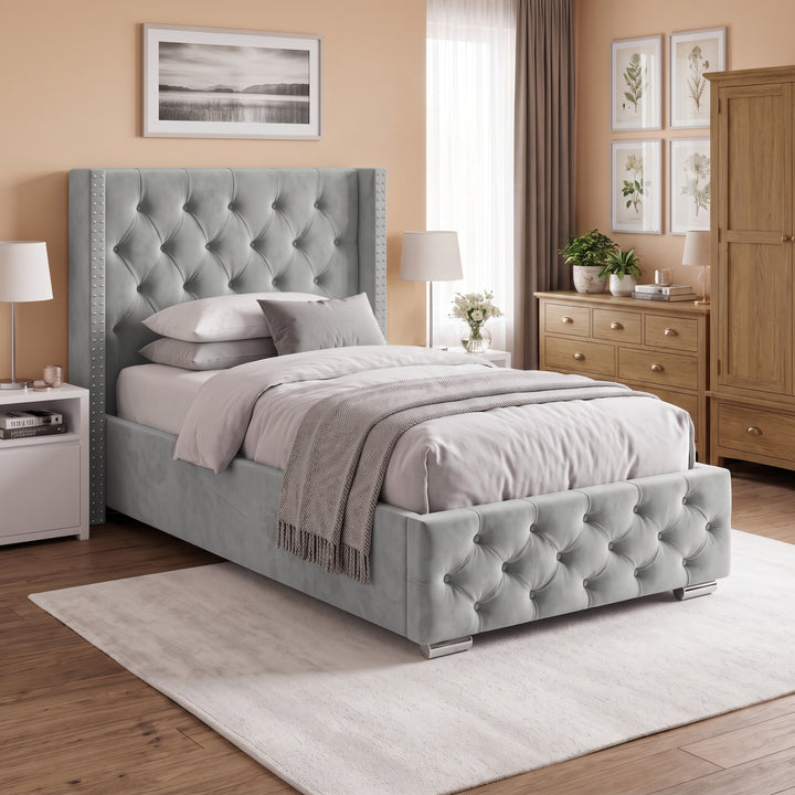 [Single | Light Grey] Single Light Grey Velvet Ottoman Bed with Tufted Winged Headboard.