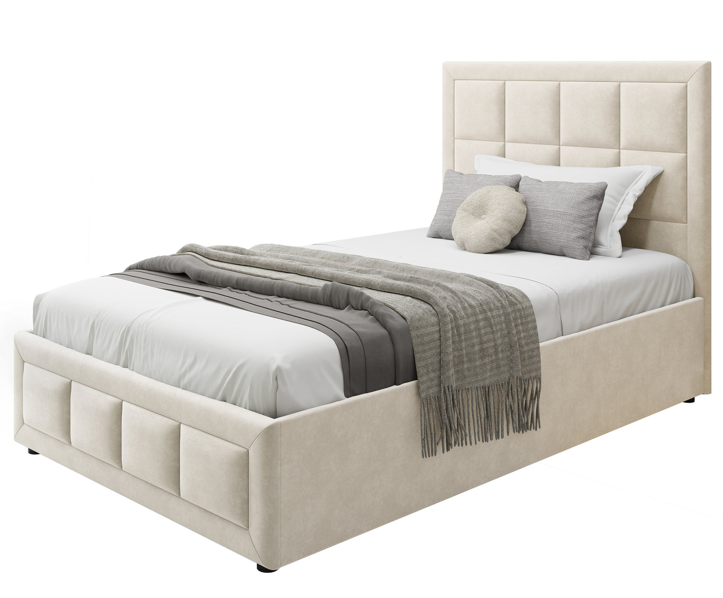 single ottoman bed beige with cushion and quilt, offering stylish comfort and hidden storage.