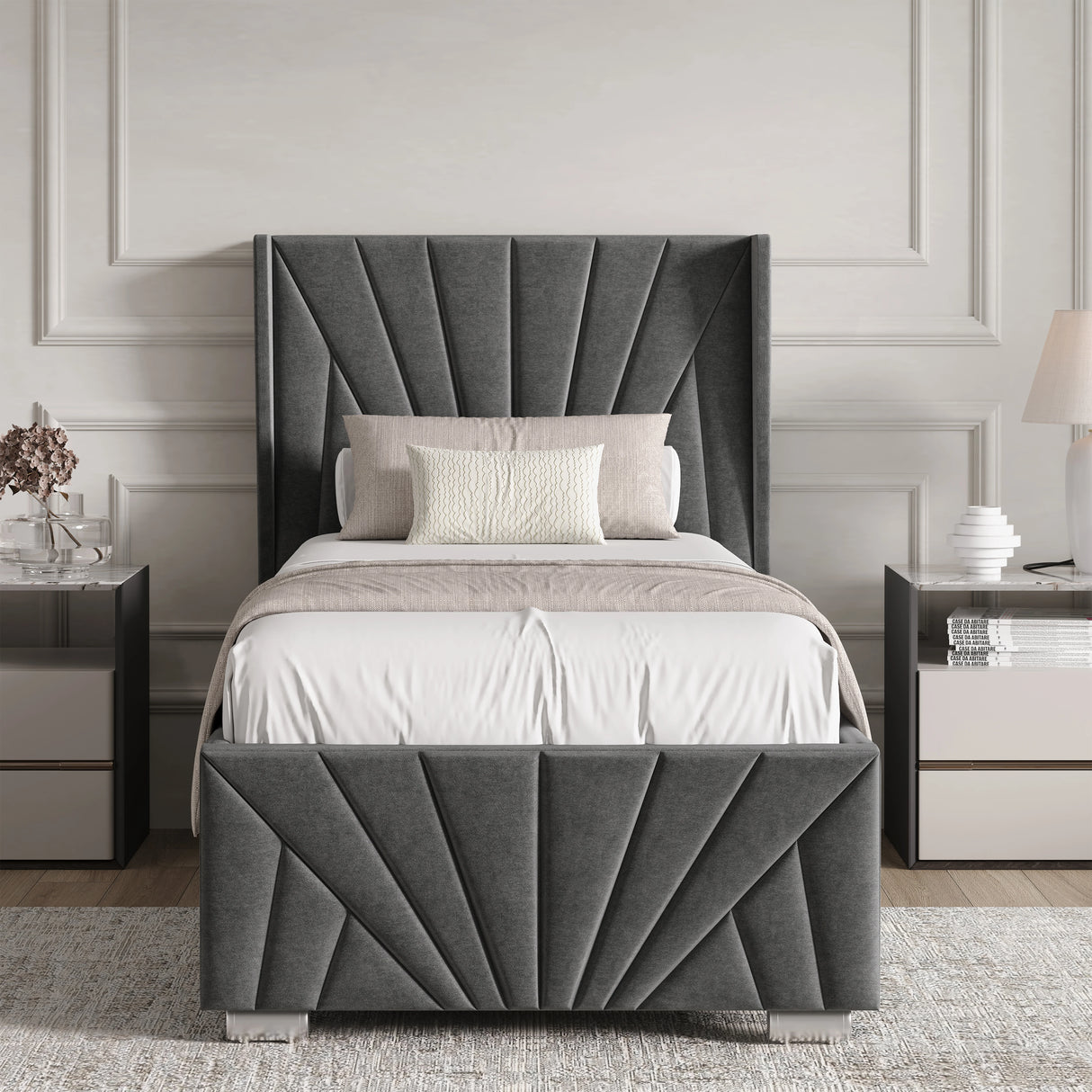 Velvet Ottoman Storage Bed in dark grey with sunrise panel design, shown in single size with high headboard and underbed storage feature.