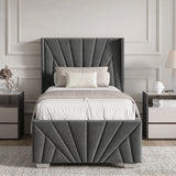 Velvet Ottoman Storage Bed in dark grey with sunrise panel design, shown in single size with high headboard and underbed storage feature.