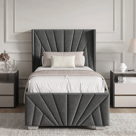 Velvet Ottoman Storage Bed in dark grey with sunrise panel design, shown in single size with high headboard and underbed storage feature.