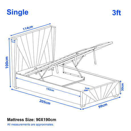 Dimensions of a single 3ft bed with mattress size indicated
