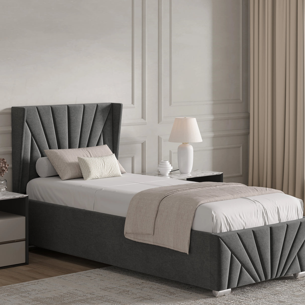 Velvet Ottoman Storage Bed in dark grey with Sunrise-style headboard, single size. Features lift-up storage and elegant panel detailing.