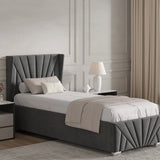 Velvet Ottoman Storage Bed in dark grey with Sunrise-style headboard, single size. Features lift-up storage and elegant panel detailing.