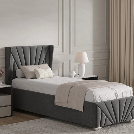 Velvet Ottoman Storage Bed in dark grey with Sunrise-style headboard, single size. Features lift-up storage and elegant panel detailing.