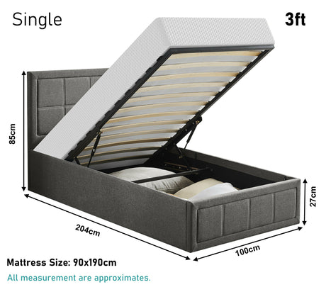 Single ottoman bed with mattress, size 90x190cm, offering convenient storage and comfort.