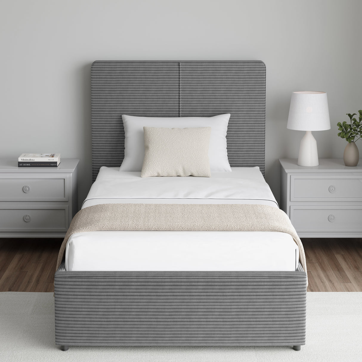 Corduroy ribbed velvet upholstered ottoman bed frame with storage in grey, shown in single size with end lift storage and modern bedroom setup.