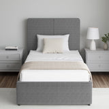 Corduroy ribbed velvet upholstered ottoman bed frame with storage in grey, shown in single size with end lift storage and modern bedroom setup.