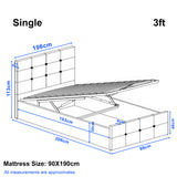 [Single | Grey] Square Ottoman Storage Bed with lift-up slatted base in velvet finish. Dimensions labeled for mattress size 90x190cm. 