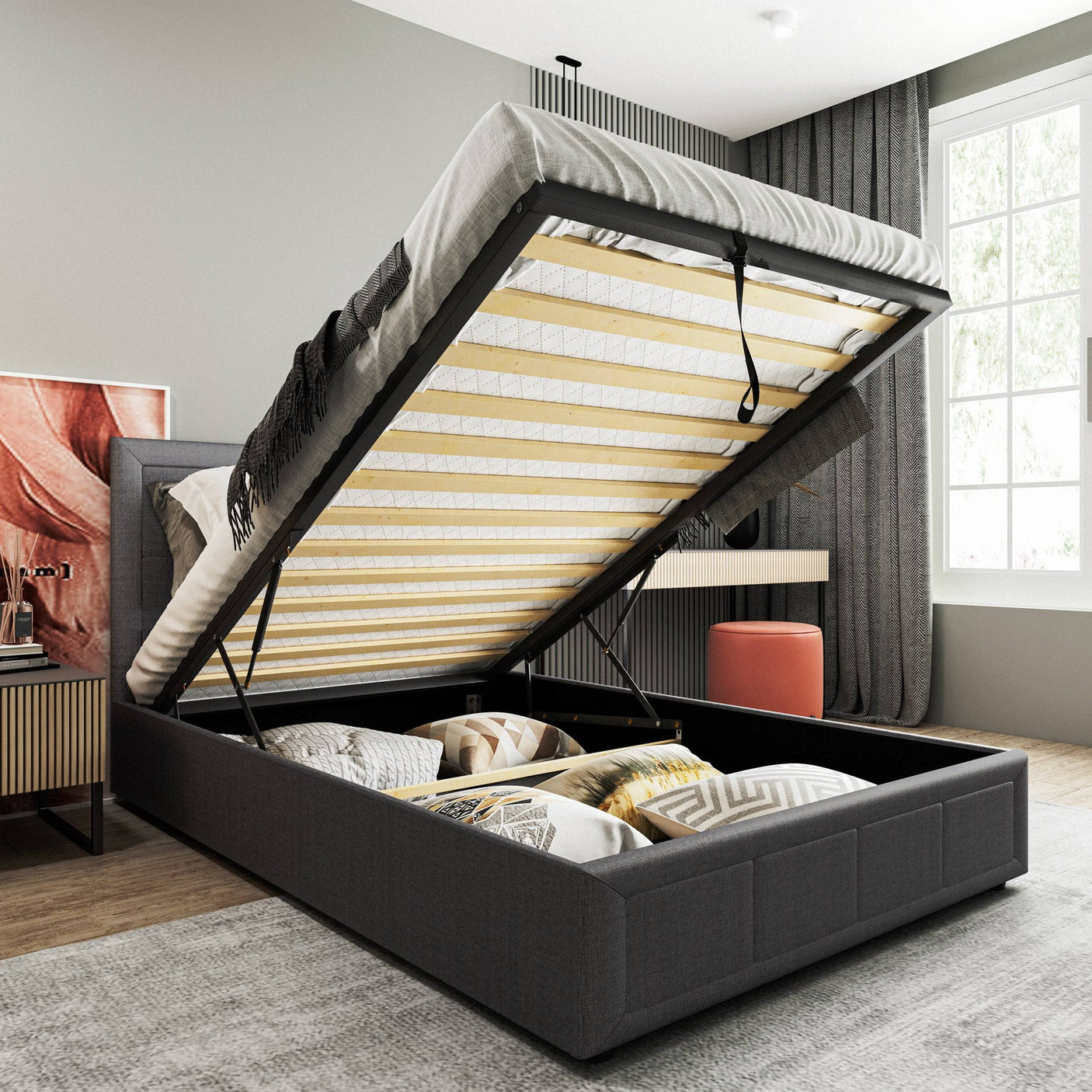 Blisswood GracefulLuxe Ottoman Bed With 8" Mattress, Dark Grey