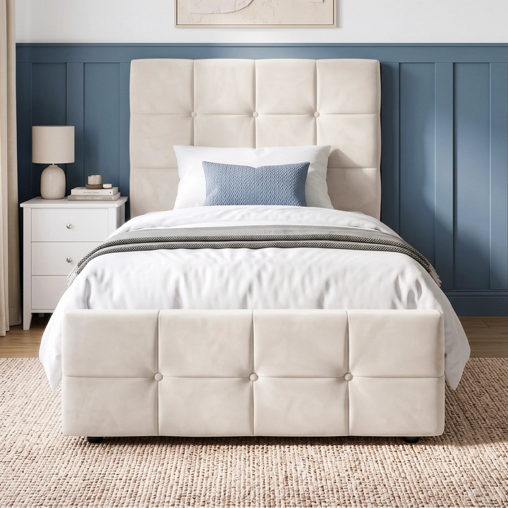 [Single | Beige] velvet upholstered bed frame with a tall tufted headboard and matching footboard, shown in a styled bedroom with white bedding