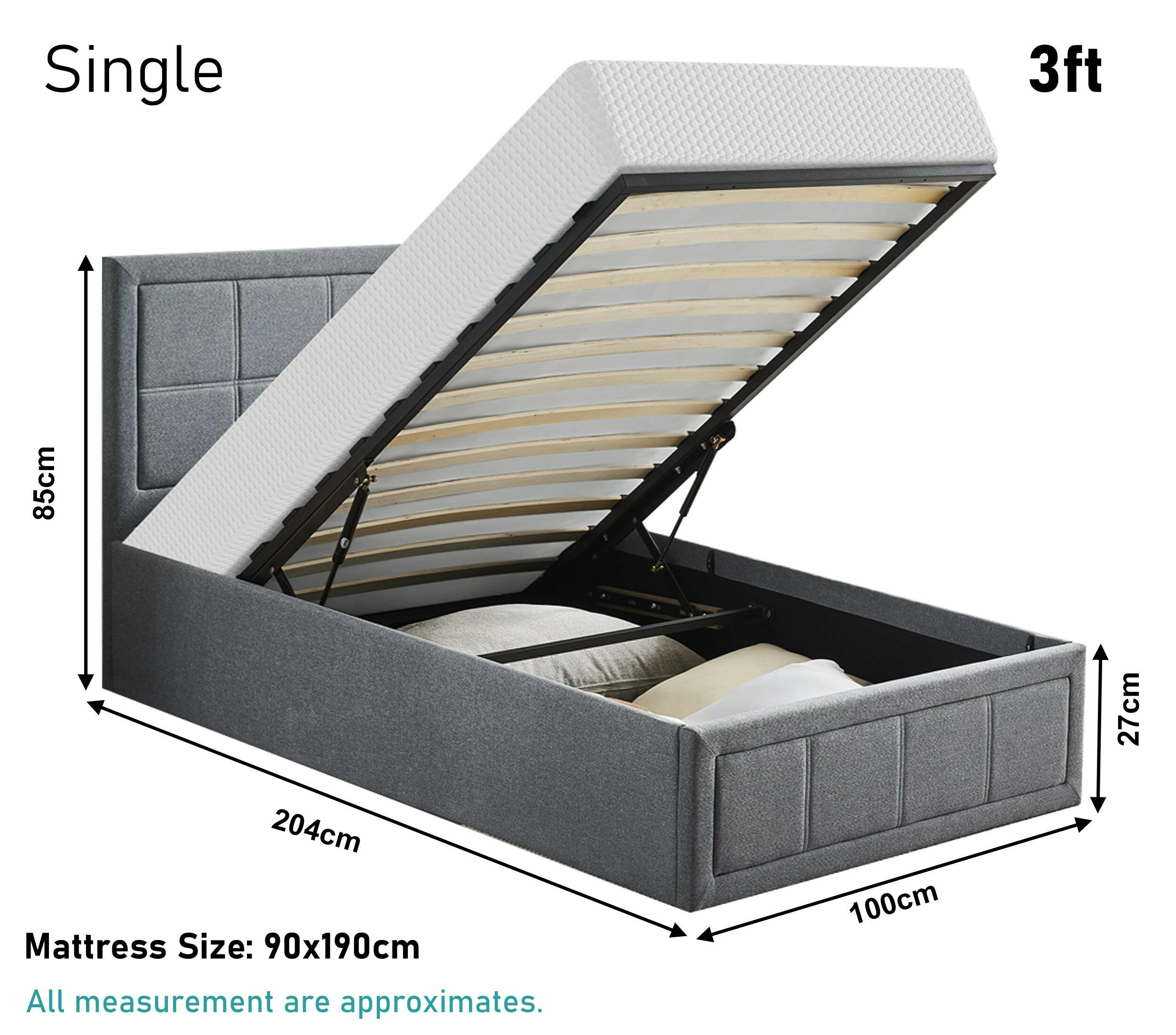 Single ottoman storage bed with lift-up feature for convenient under-bed storage.