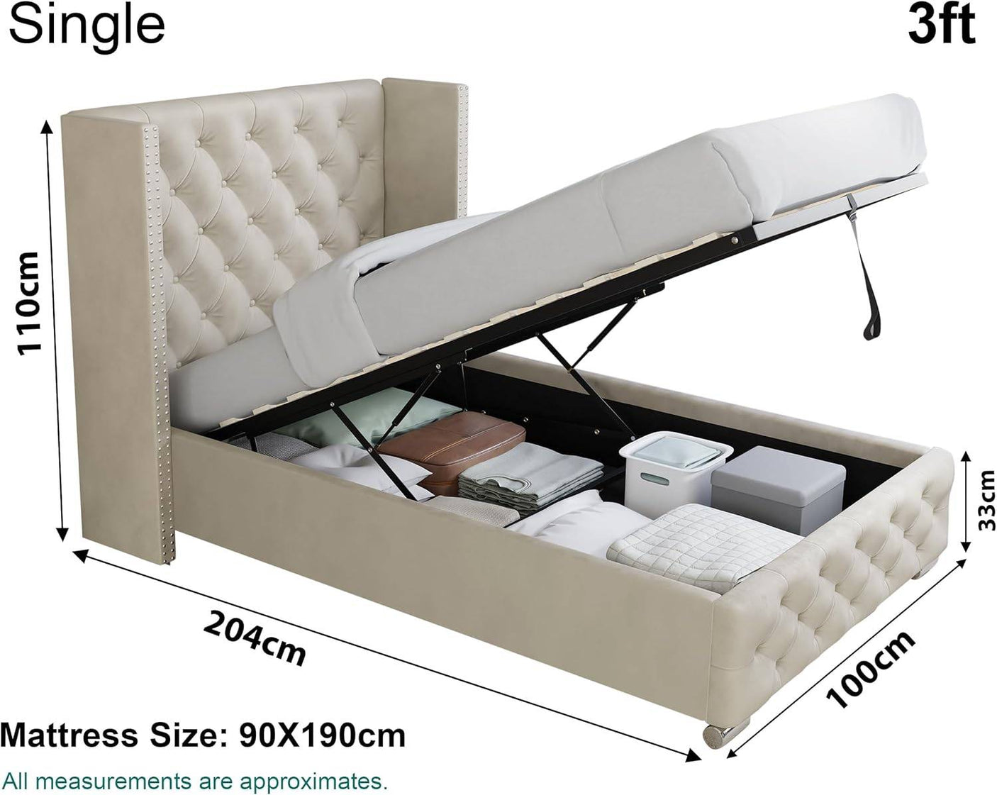 Single-size bed dimensions 110x204x100 cm, perfect for small rooms or children's bedrooms